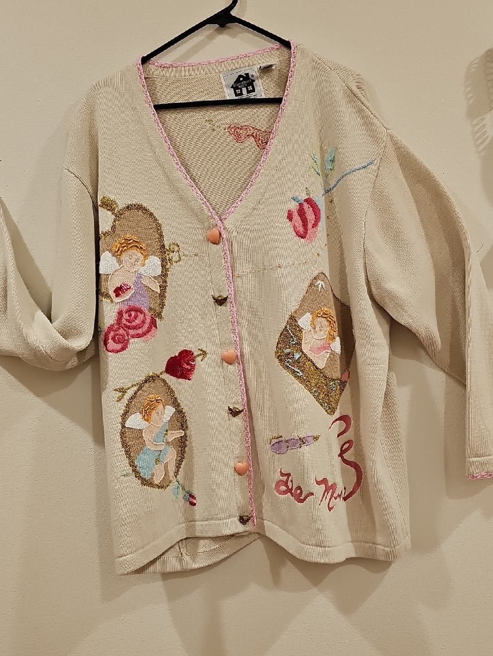 Storybook Knits Cream Embroidered Button-Front Cardigan with Pink Trim
